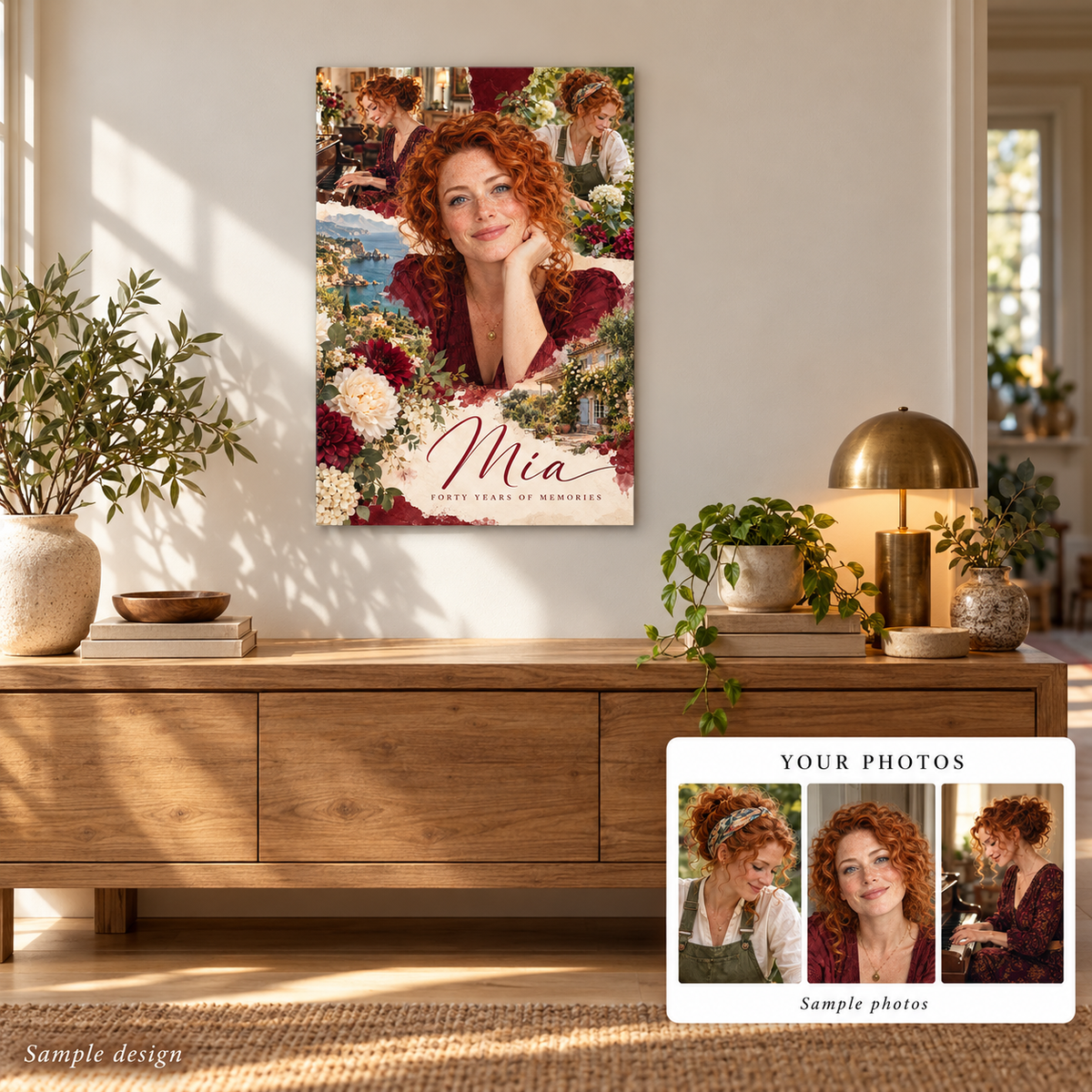 Premium Custom birthday metal print home mockup with sample photo comparison – fictional sample design by Mahi Wairua