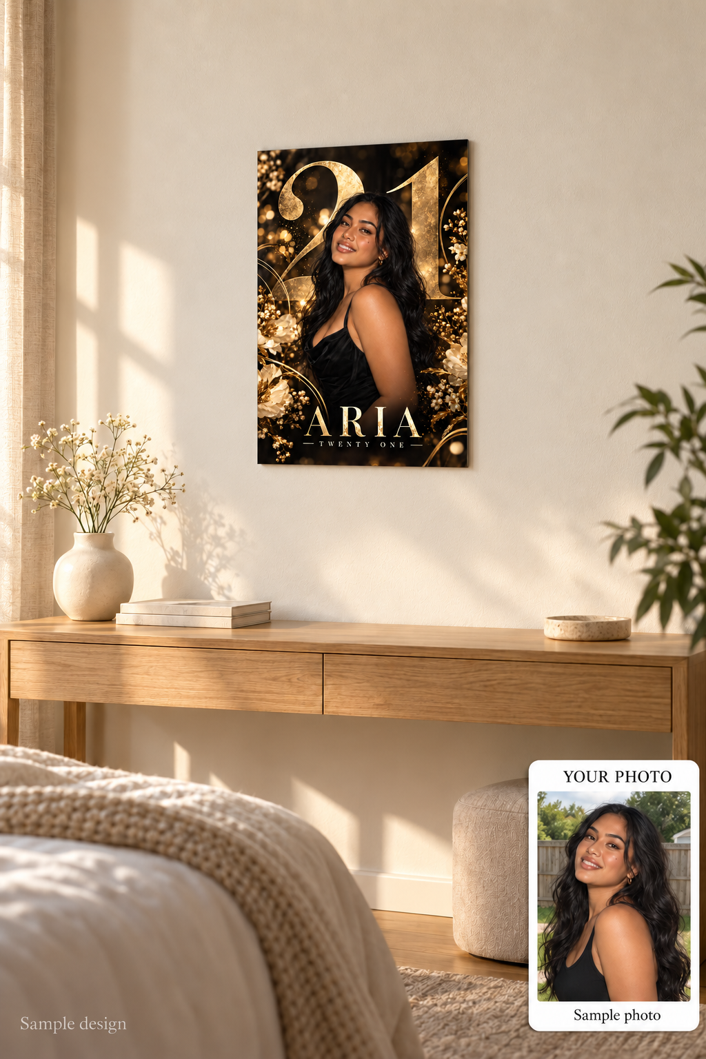 Standard birthday metal print home mockup with sample photo comparison – fictional sample design by Mahi Wairua