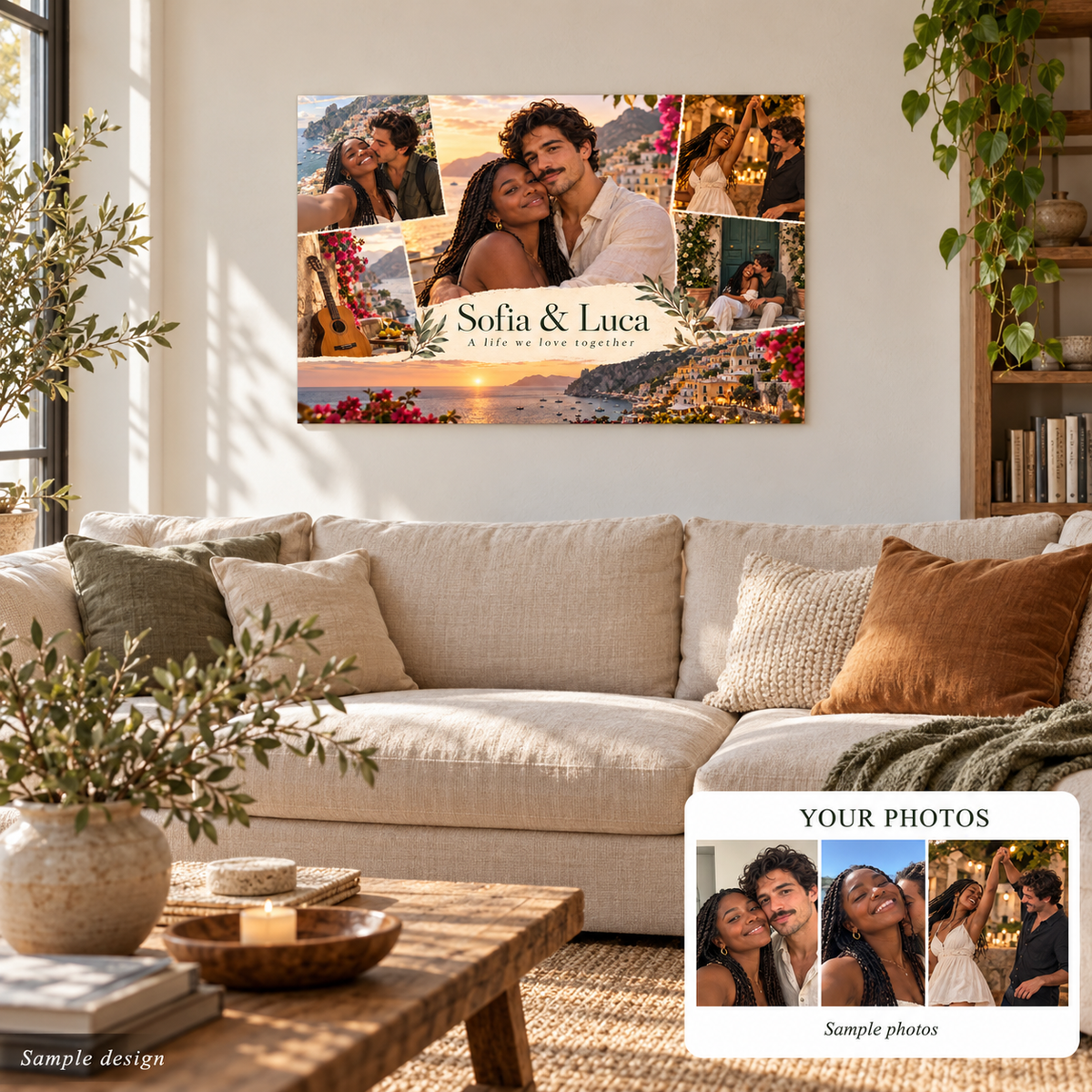 Premium Custom couple metal print home mockup with sample photo comparison – fictional sample design by Mahi Wairua