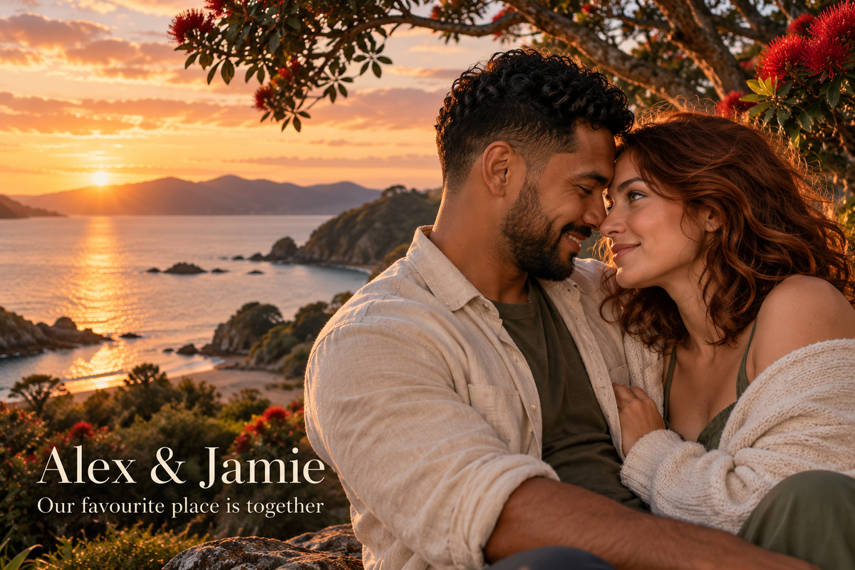 Standard couple metal print sample artwork – fictional sample design by Mahi Wairua