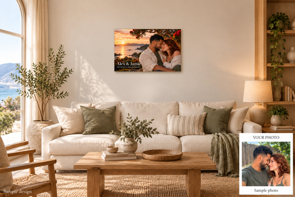 Standard couple metal print home mockup with sample photo comparison – fictional sample design by Mahi Wairua