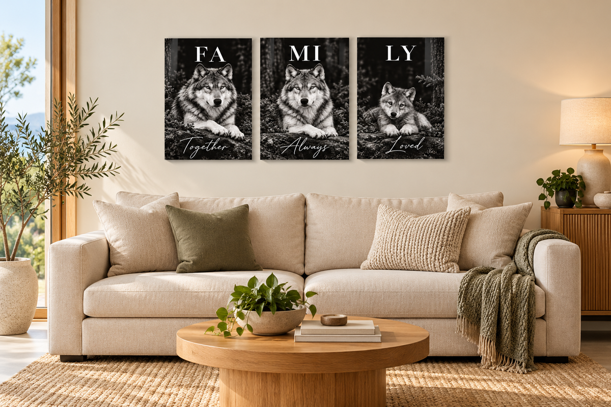Family wolves — three-panel room mockup