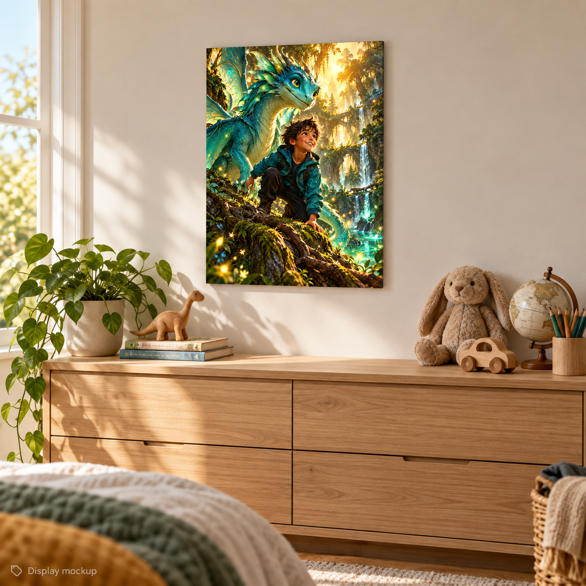 Personalised Kids’ Fantasy Adventure Metal Print illustrative home display mockup