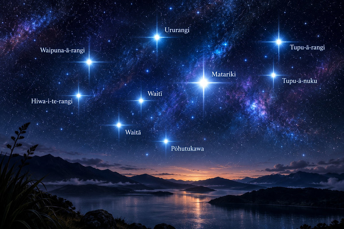 Matariki Night Sky Metal Print with nine named stars over mountains and a lake