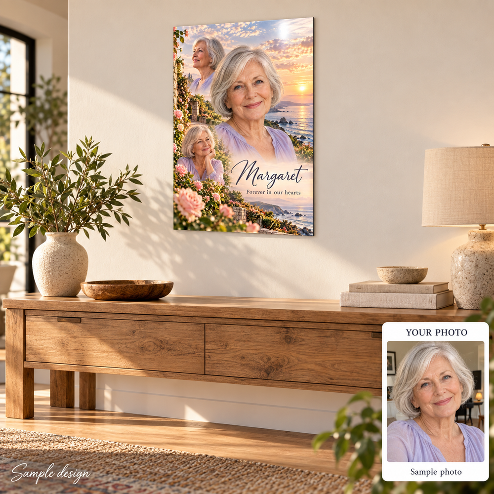 Personalised memorial metal print home mockup with sample photo comparison – fictional sample design by Mahi Wairua