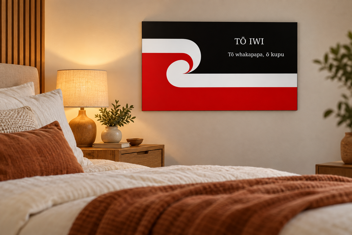 Personalised Tino Rangatiratanga flag metal print — bedroom home mockup