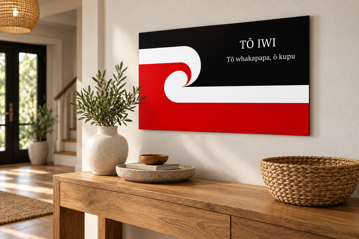 Personalised Tino Rangatiratanga flag metal print — hallway home mockup
