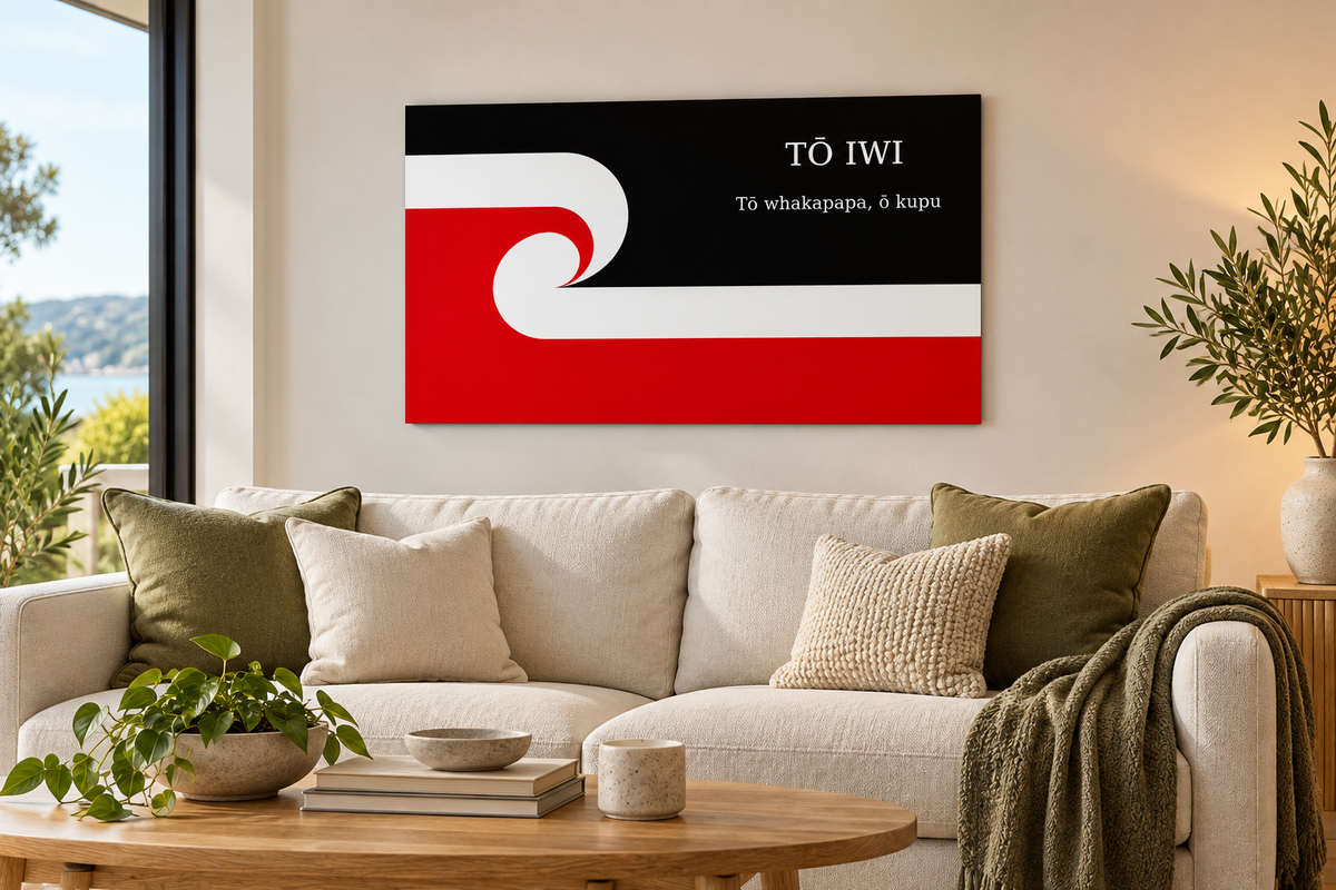 Personalised Tino Rangatiratanga flag metal print — living home mockup