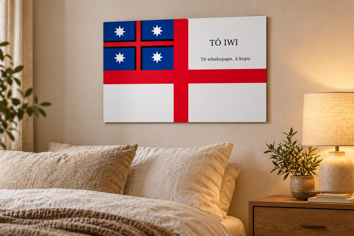 Personalised He Whakaputanga flag metal print — bedroom home mockup