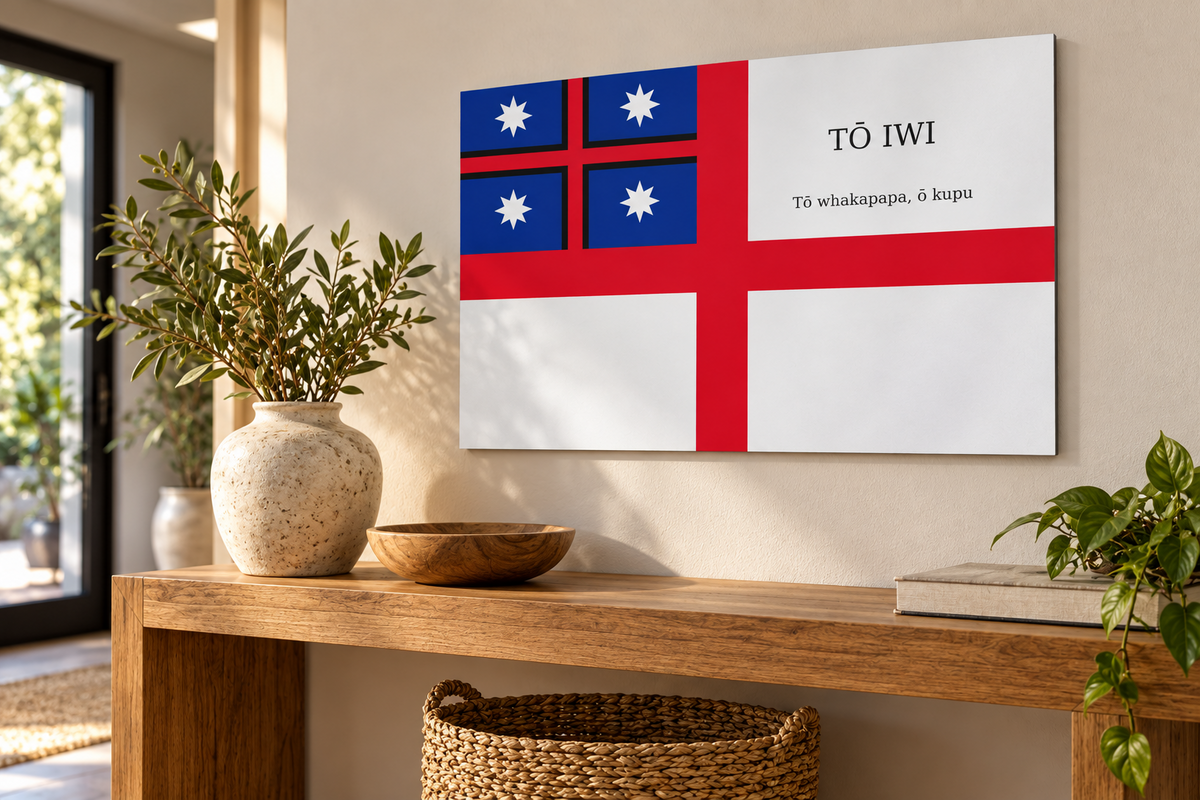 Personalised He Whakaputanga flag metal print — hallway home mockup