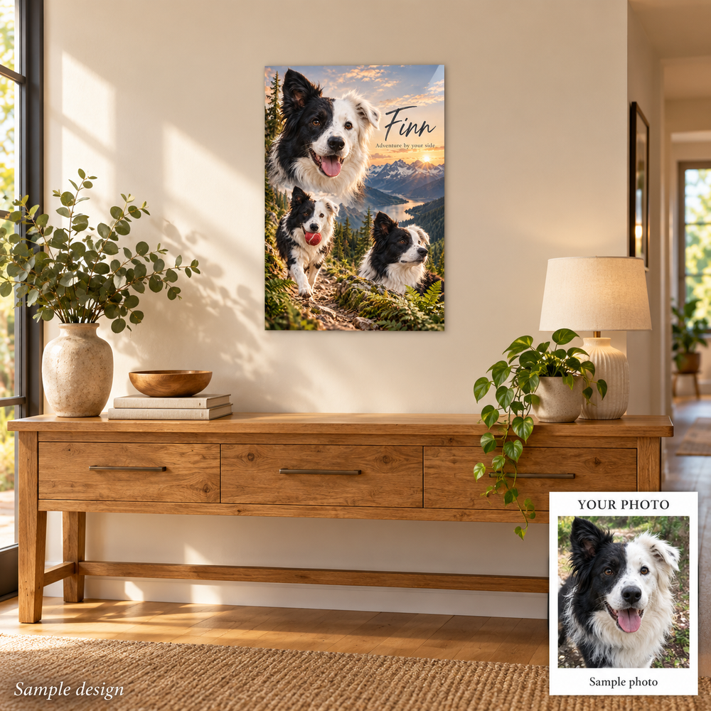 Personalised pet metal print home mockup with sample photo comparison – fictional sample design by Mahi Wairua