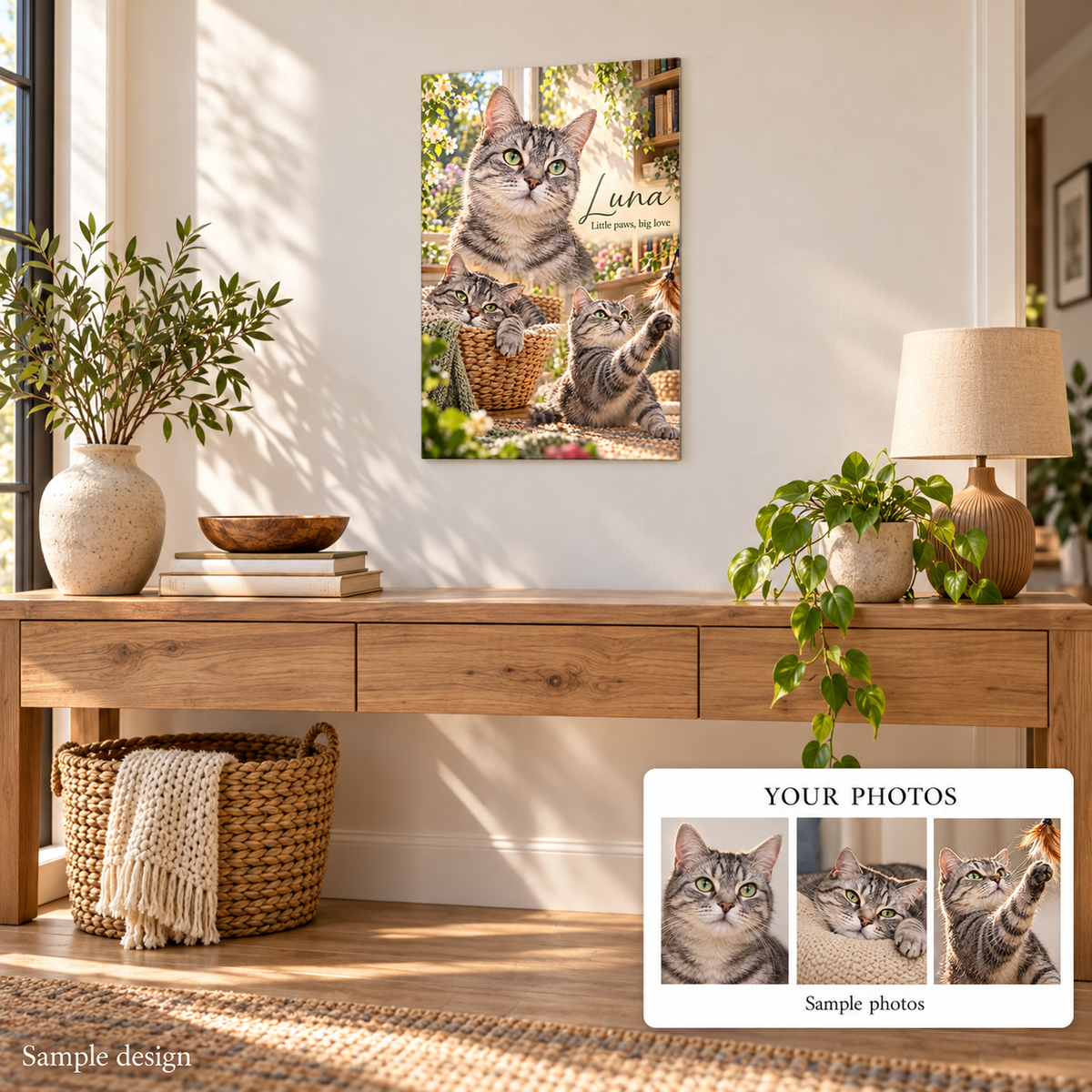 Illustrative premium pet artwork displayed in a home with source-photo comparisons