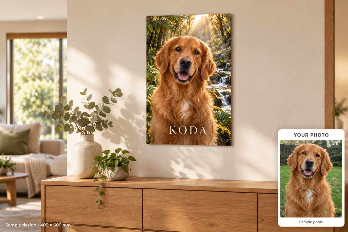 Standard pet metal print home mockup with sample photo comparison – fictional sample design by Mahi Wairua