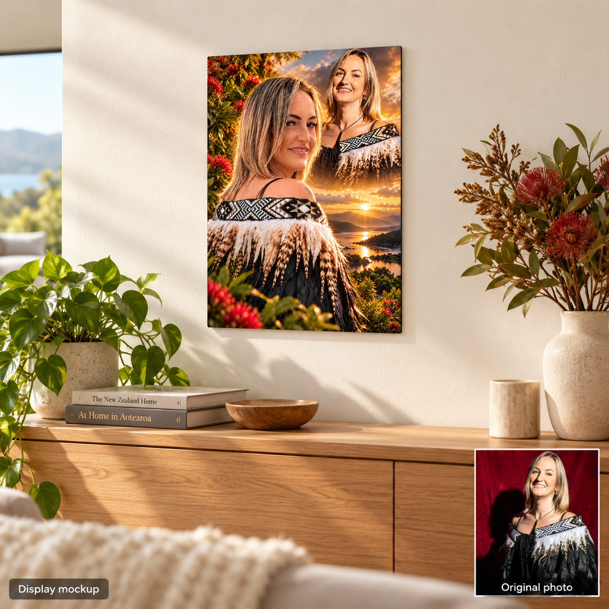 Personalised Portrait & Whānau Metal Print illustrative home display mockup