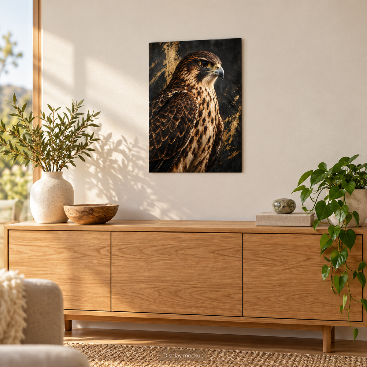 Quiet Strength — Kārearea Metal Print illustrative home display mockup