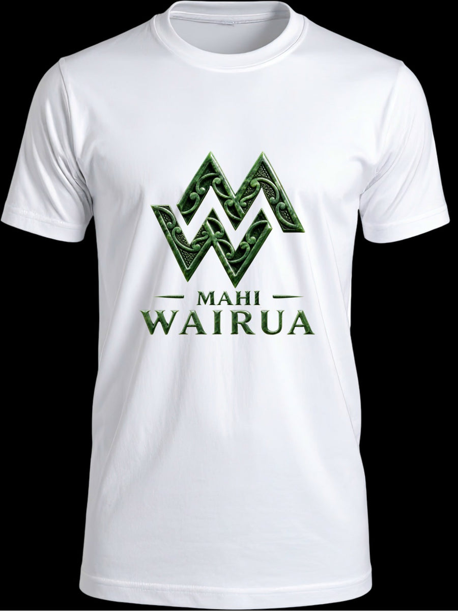 Front of white Mahi Wairua Signature Māori T-shirt with greenstone-inspired logo, available in adult and kids sizes