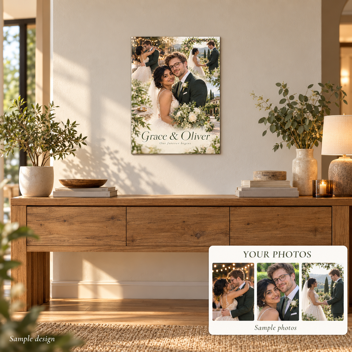 Premium Custom wedding metal print home mockup with sample photo comparison – fictional sample design by Mahi Wairua