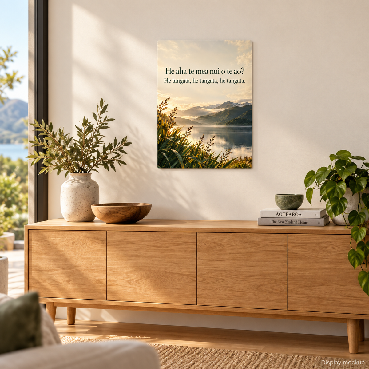 He Tangata — Whakataukī Metal Print illustrative home display mockup
