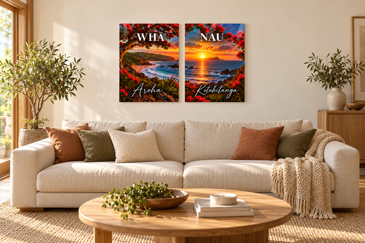 Whānau coast — two-panel room mockup