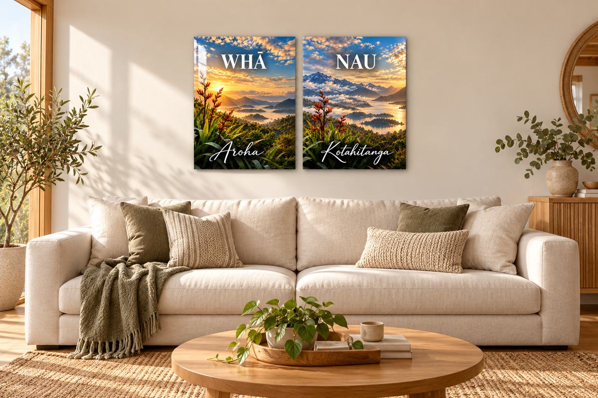 Whānau harakeke — two-panel room mockup
