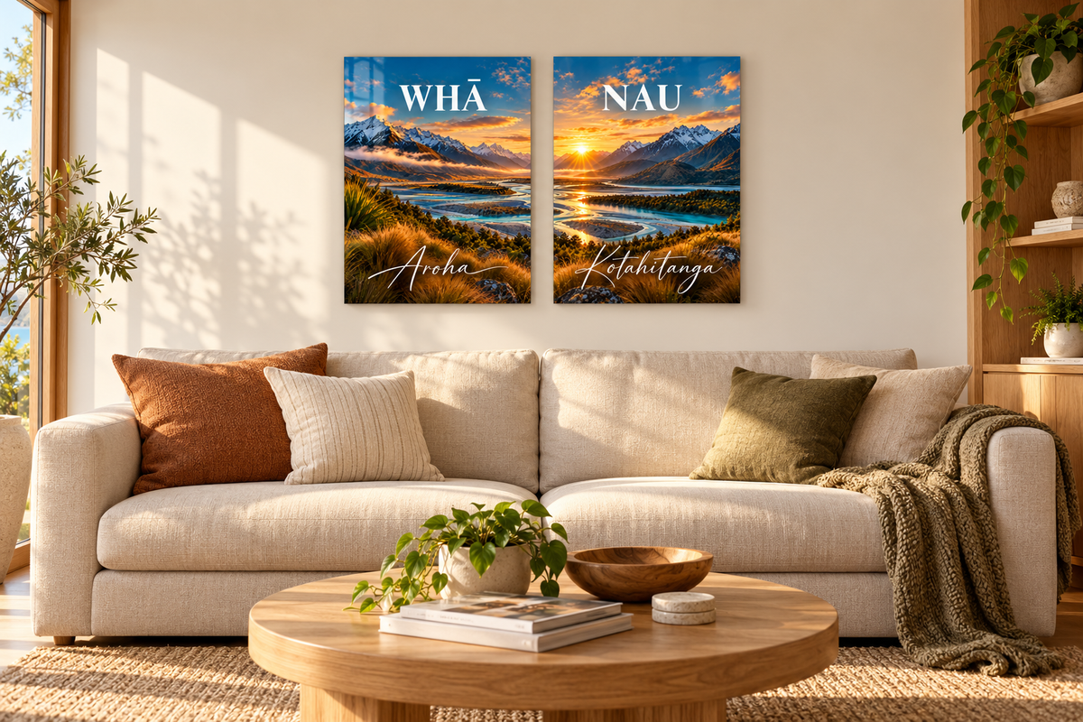 Whānau maunga — two-panel room mockup
