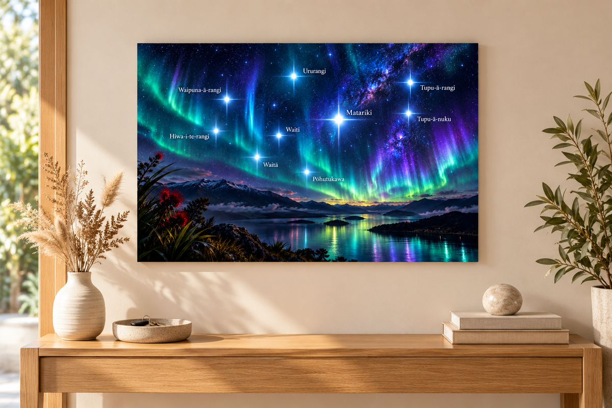 Matariki Aurora metal print in a sunny entryway — styled mockup