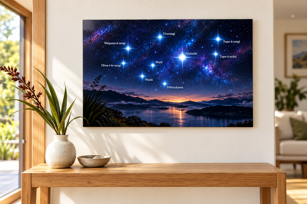 Matariki Night Sky metal print in a sunny home entryway — styled mockup
